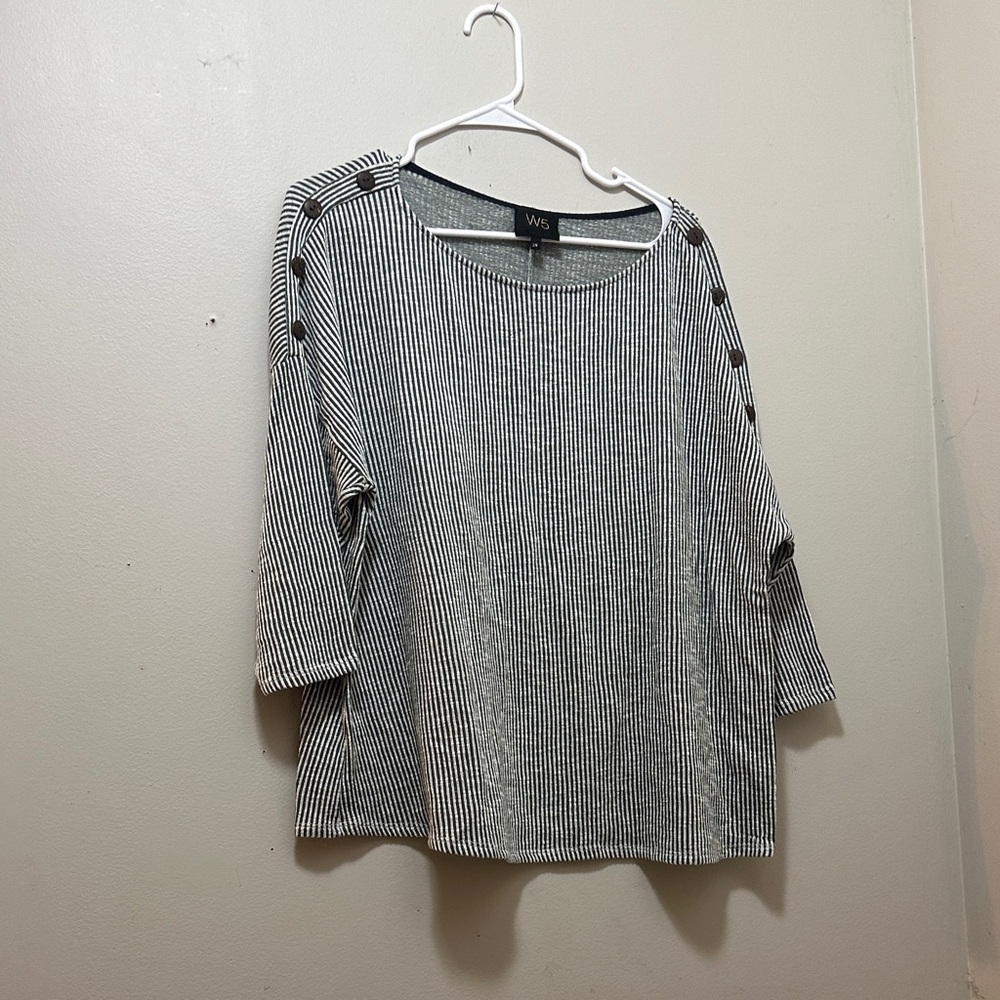 W5 Black and White Striped Blouse with Button Accents Top